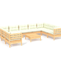 10-tlg. Garten-Lounge-Set mit Creme Kissen Kiefernholz