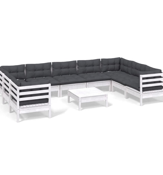 10-tlg. Garten-Lounge-Set mit Kissen Weiß Kiefernholz