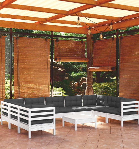 10-tlg. Garten-Lounge-Set mit Kissen Weiß Kiefernholz