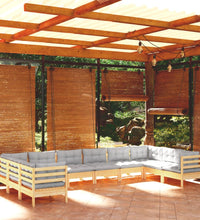 10-tlg. Garten-Lounge-Set mit Grauen Kissen Kiefernholz