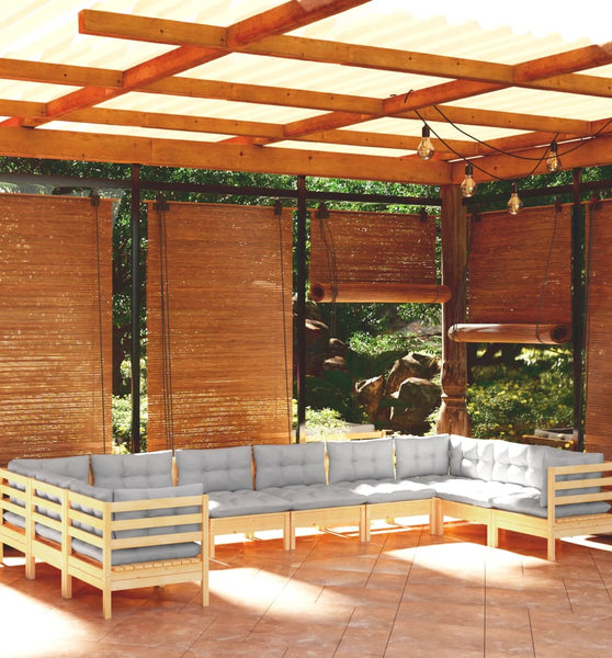 10-tlg. Garten-Lounge-Set mit Grauen Kissen Kiefernholz