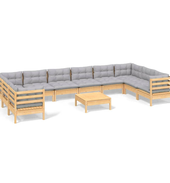 11-tlg. Garten-Lounge-Set mit Grauen Kissen Kiefernholz