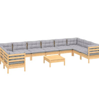 11-tlg. Garten-Lounge-Set mit Grauen Kissen Kiefernholz