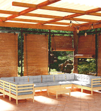 11-tlg. Garten-Lounge-Set mit Grauen Kissen Kiefernholz