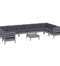 11-tlg. Garten-Lounge-Set mit Kissen Grau Kiefernholz