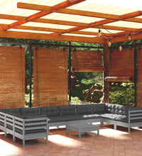 11-tlg. Garten-Lounge-Set mit Kissen Grau Kiefernholz