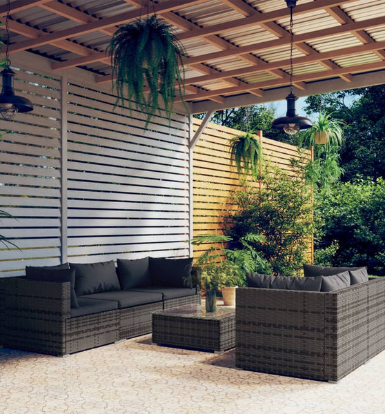 6-tlg. Garten-Lounge-Set mit Kissen Poly Rattan Grau