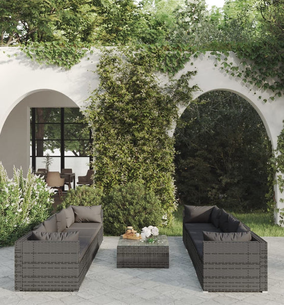 9-tlg. Garten-Lounge-Set mit Auflagen Poly Rattan Grau
