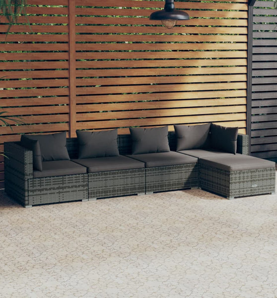 5-tlg. Garten-Lounge-Set mit Kissen Poly Rattan Grau