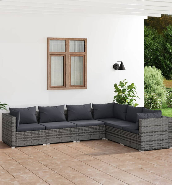 6-tlg. Garten-Lounge-Set mit Kissen Poly Rattan Grau