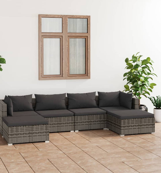 6-tlg. Garten-Lounge-Set mit Kissen Poly Rattan Grau