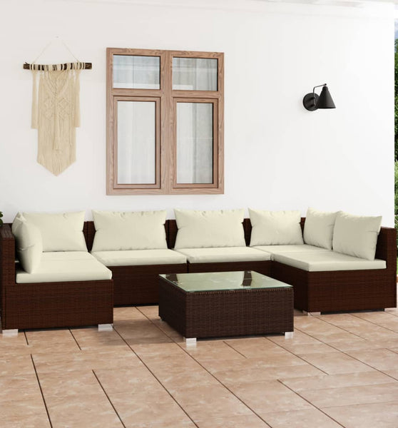 7-tlg. Garten-Lounge-Set mit Kissen Poly Rattan Braun