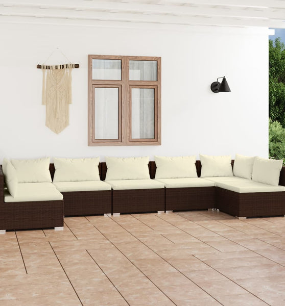 7-tlg. Garten-Lounge-Set mit Kissen Poly Rattan Braun