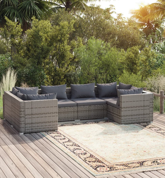 6-tlg. Garten-Lounge-Set mit Kissen Poly Rattan Grau