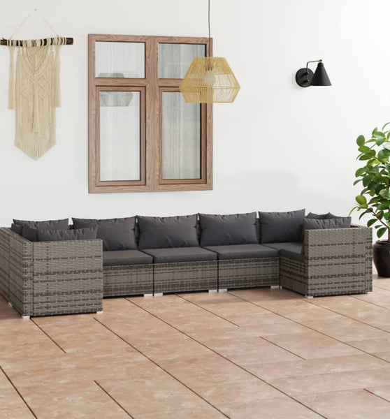 7-tlg. Garten-Lounge-Set mit Kissen Poly Rattan Grau