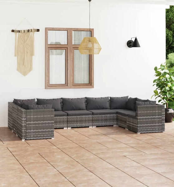 9-tlg. Garten-Lounge-Set mit Kissen Poly Rattan Grau
