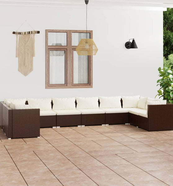 10-tlg. Garten-Lounge-Set mit Kissen Poly Rattan Braun