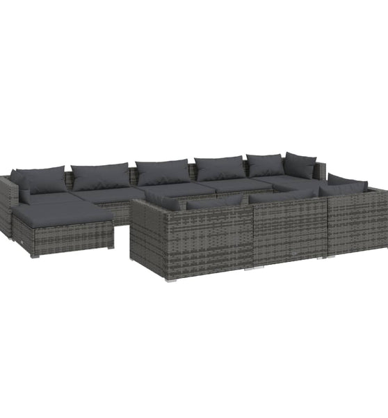 10-tlg. Garten-Lounge-Set mit Kissen Grau Poly Rattan