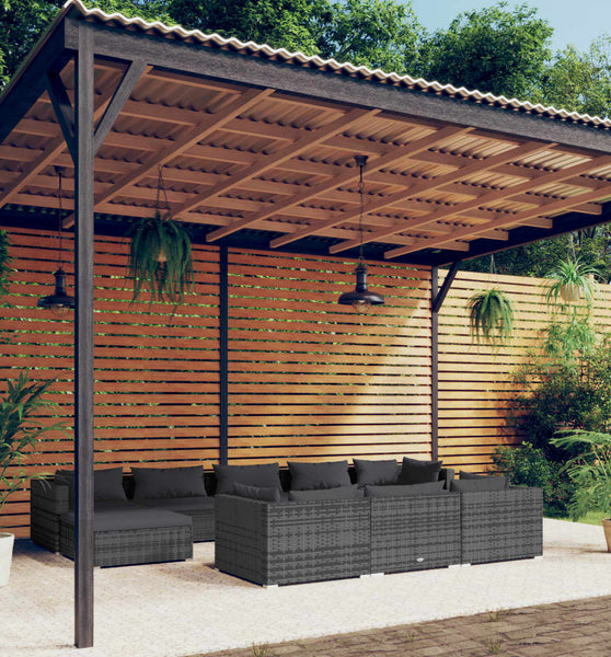 10-tlg. Garten-Lounge-Set mit Kissen Grau Poly Rattan