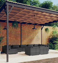 9-tlg. Garten-Lounge-Set mit Kissen Grau Poly Rattan