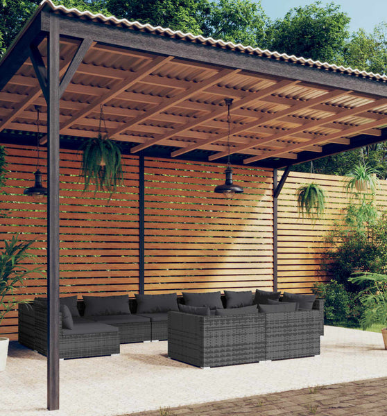 9-tlg. Garten-Lounge-Set mit Kissen Grau Poly Rattan