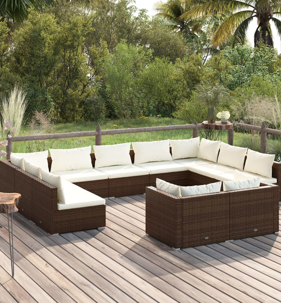 11-tlg. Garten-Lounge-Set mit Kissen Braun Poly Rattan