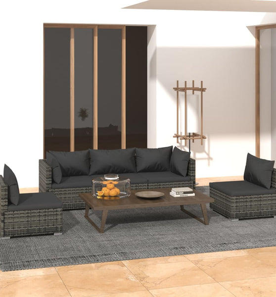 5-tlg. Garten-Lounge-Set mit Kissen Poly Rattan Grau