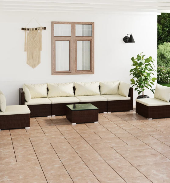 7-tlg. Garten-Lounge-Set mit Kissen Poly Rattan Braun