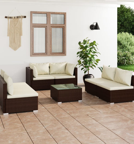7-tlg. Garten-Lounge-Set mit Kissen Poly Rattan Braun