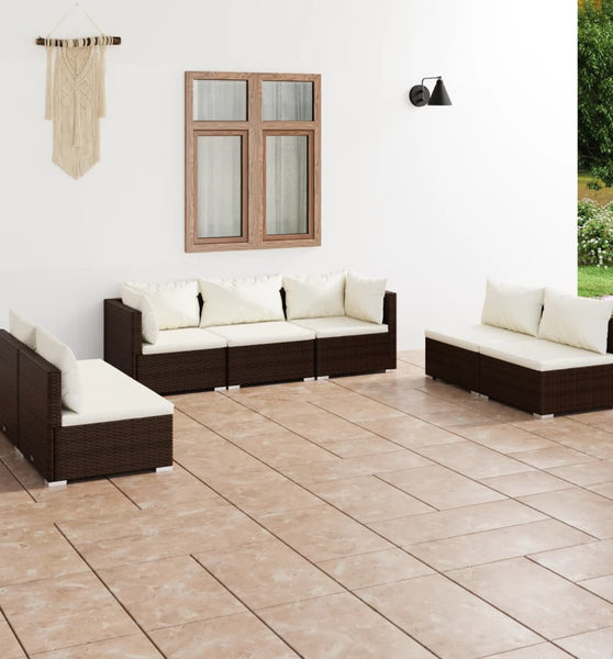 7-tlg. Garten-Lounge-Set mit Kissen Poly Rattan Braun