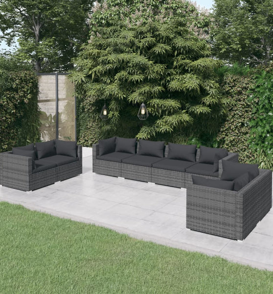 8-tlg. Garten-Lounge-Set mit Kissen Poly Rattan Grau