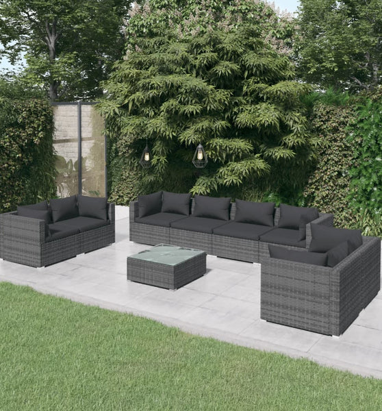 9-tlg. Garten-Lounge-Set mit Kissen Poly Rattan Grau