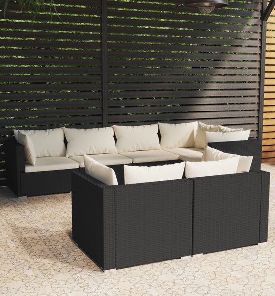 7-tlg. Garten-Lounge-Set mit Kissen Schwarz Poly Rattan