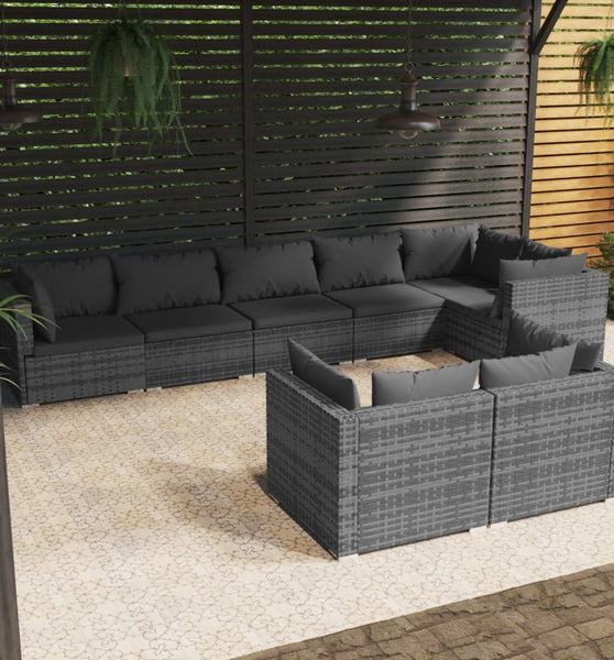 8-tlg. Garten-Lounge-Set mit Kissen Grau Poly Rattan