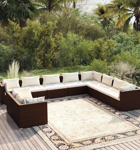 10-tlg. Garten-Lounge-Set mit Kissen Braun Poly Rattan