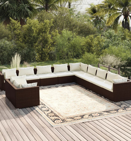 11-tlg. Garten-Lounge-Set mit Kissen Braun Poly Rattan