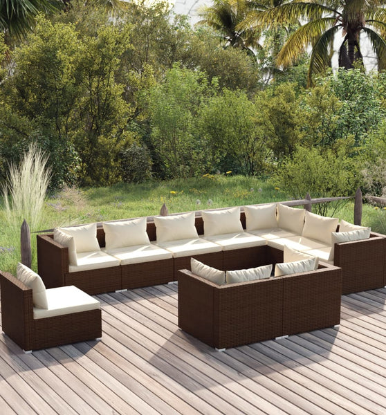 10-tlg. Garten-Lounge-Set mit Kissen Poly Rattan Braun