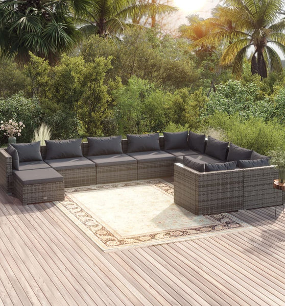 10-tlg. Garten-Lounge-Set mit Kissen Poly Rattan Grau