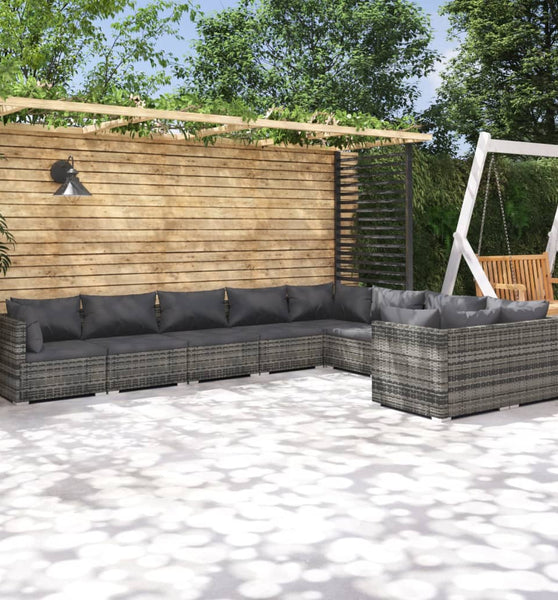 9-tlg. Garten-Lounge-Set mit Kissen Poly Rattan Grau