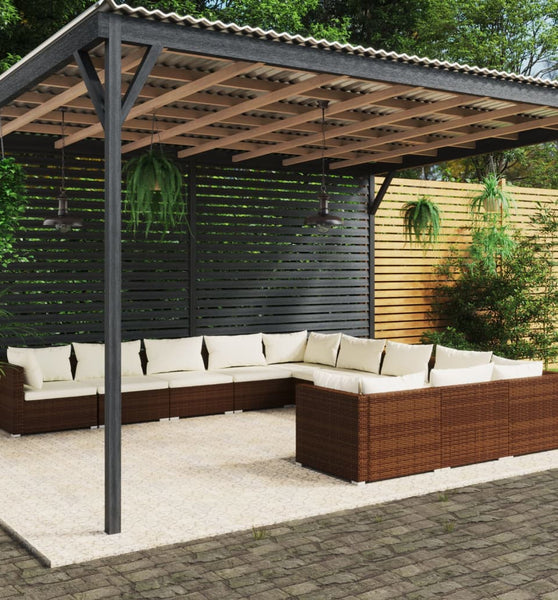 11-tlg. Garten-Lounge-Set mit Kissen Poly Rattan Braun