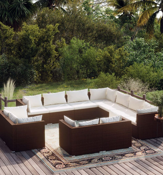 11-tlg. Garten-Lounge-Set mit Kissen Braun Poly Rattan