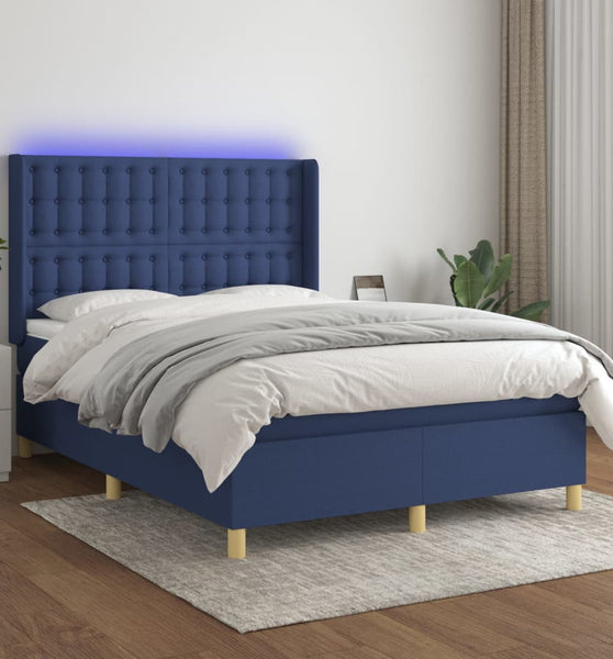 Boxspringbett mit Matratze & LED Blau 140x190 cm Stoff