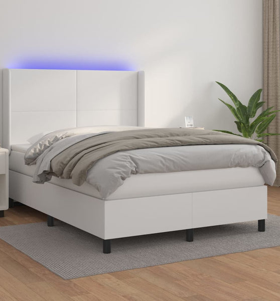 Boxspringbett mit Matratze & LED Weiß 140x190 cm Kunstleder