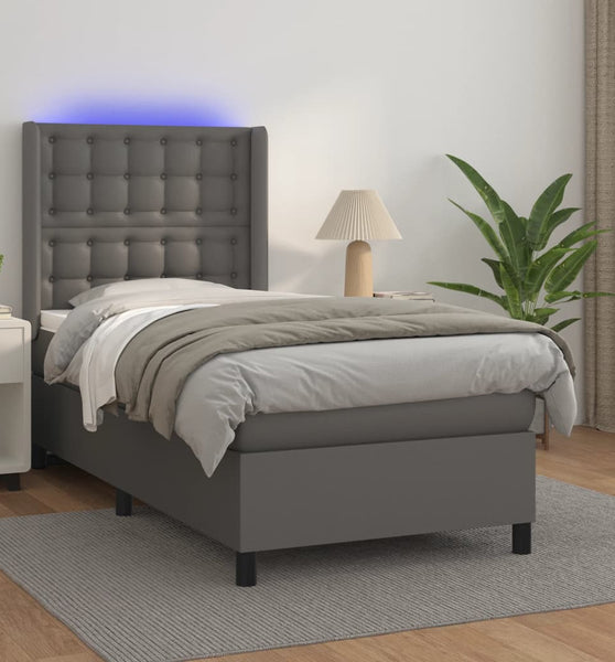Boxspringbett mit Matratze & LED Grau 90x190 cm Kunstleder