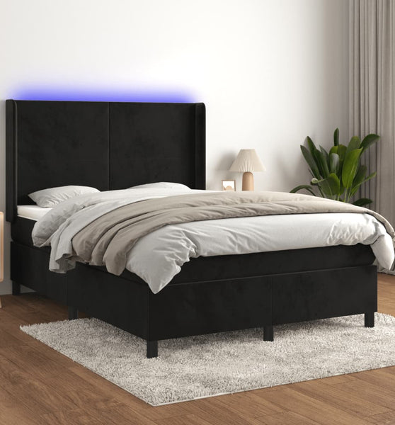 Boxspringbett mit Matratze & LED Schwarz 140x190 cm Samt