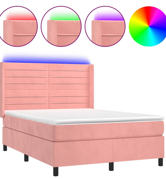 Boxspringbett mit Matratze & LED Rosa 140x190 cm Samt