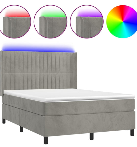 Boxspringbett mit Matratze & LED Hellgrau 140x190 cm Samt