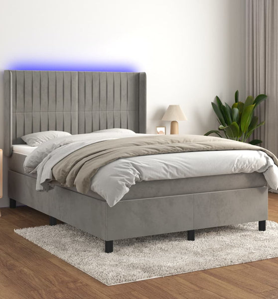 Boxspringbett mit Matratze & LED Hellgrau 140x190 cm Samt