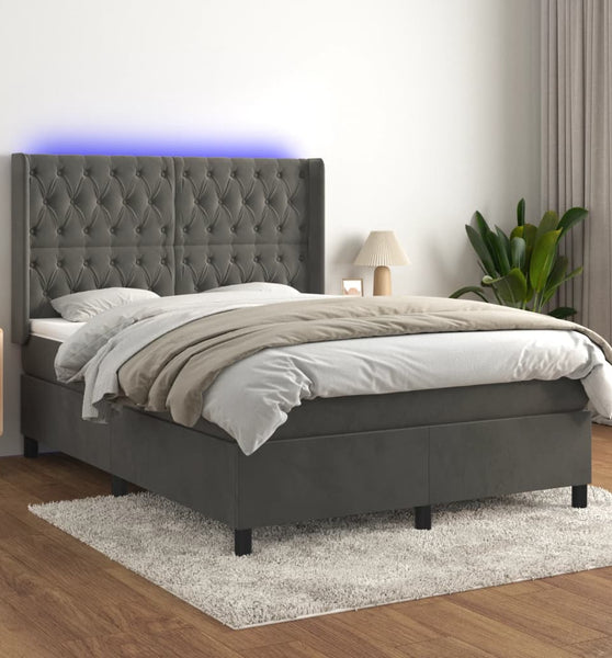 Boxspringbett mit Matratze & LED Dunkelgrau 140x190 cm Samt
