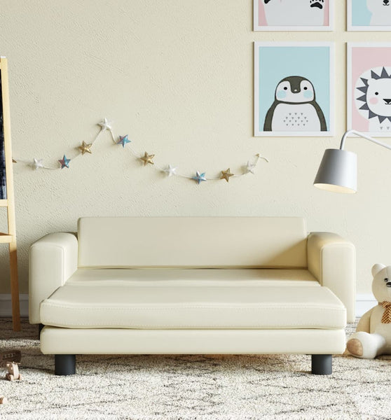 Kindersofa mit Hocker Creme 100x50x30 cm Kunstleder